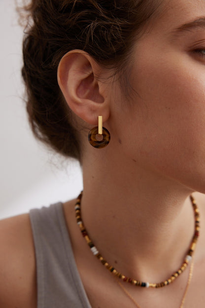 Assembled tiger’s eye disc earrings