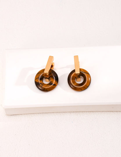 Assembled tiger’s eye disc earrings