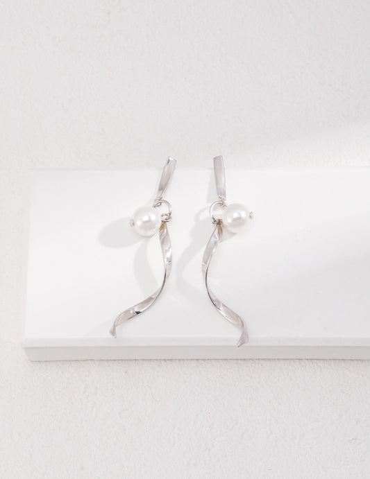 Ribbon Silver Pearl Earrings